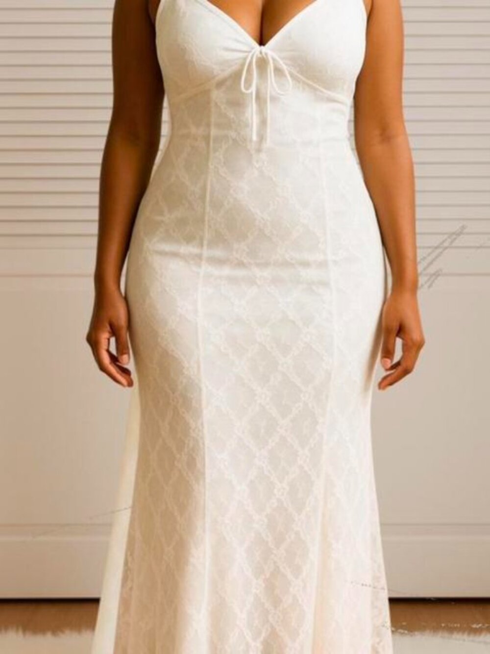 White A-line midi dress with lace detailing, tie front and zipper back